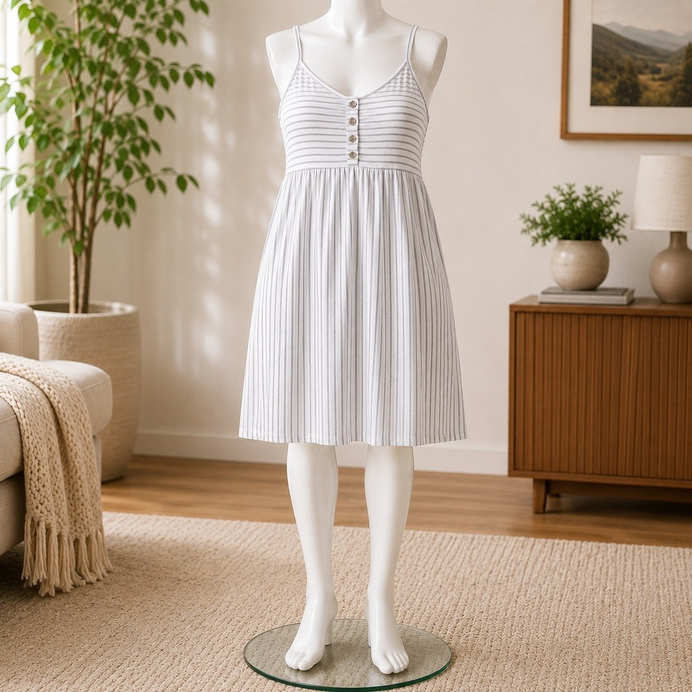Angel Maternity Dress Womens Small Gray White‎ Striped Henley Empire Waist Cami